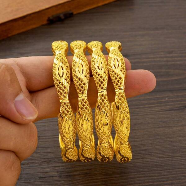 2pcs/4pcs Dubai Golden Color Luxury Hollow Bangle Bracelet, Middle Eastern Daily Women Bracelet, African Arabian Girl Party Wedding Jewelry Gift