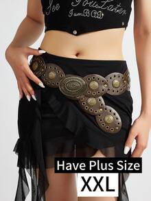 1条波西米亚复古朋克风铆钉网眼棕色椭圆形腰带，适合搭配西式服装，风格百搭，可与牛仔裤、连衣裙等搭配，适合日常、派对、度假、音乐节等场合。 - 棕色 - 查看 3