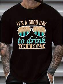 [Sporty T-Shirt]Plus Size IT'S A GOOD DAY TO DRINK ON A BOAT Print T-Shirt, Men's Casual Comfy Short Sleeve Crew Neck Tee, Men's Clothing For Summer Outdoor Activity |   Relaxed Fit |   Plus Size - 黑色 - 查看 1