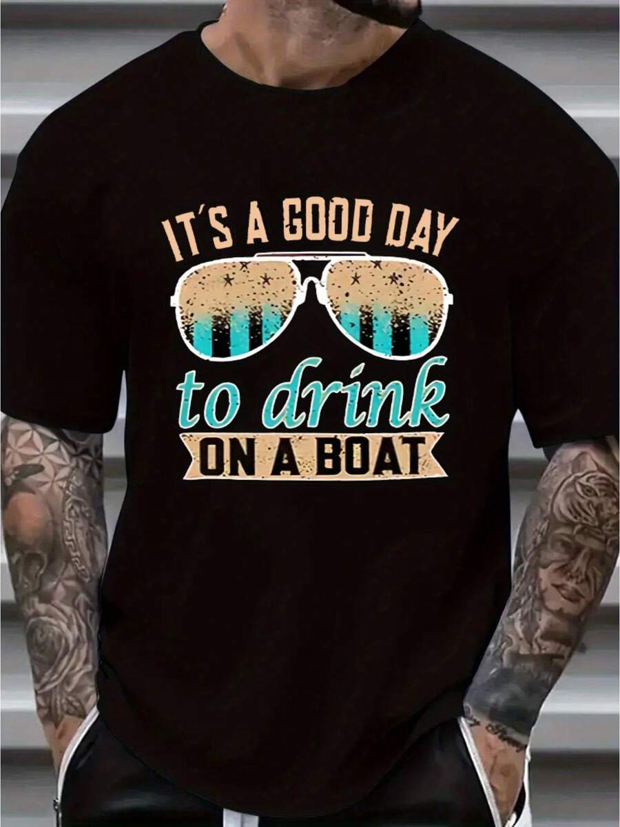 [Sporty T-Shirt]Plus Size IT'S A GOOD DAY TO DRINK ON A BOAT Print T-Shirt, Men's Casual Comfy Short Sleeve Crew Neck Tee, Men's Clothing For Summer Outdoor Activity |   Relaxed Fit |   Plus Size - 黑色 - 查看 1