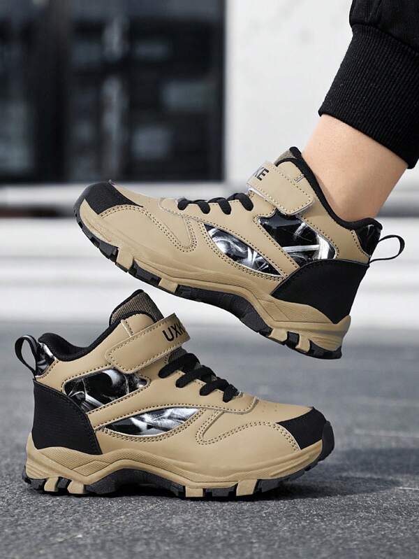 1 Pair Kids Leather Mid-Top Outdoor Sports Shoes, Boys Non-Slip Hiking Shoes, Durable Casual Sneakers