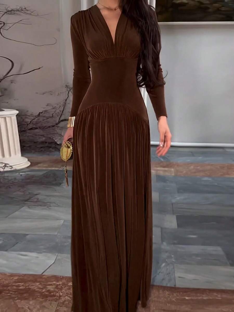 Váy nhung dài tay cổ chữ V thanh lịch dành cho nữ mùa thu/đông, màu trơn, vải dệt kim thanh lịch có viền xếp nếp, váy dạ hội trang trọng