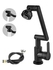 Grifo de Cocina, Grifo giratorio Acero inoxidable para Lavabo de Baño, Llave Mezcladora para Fregadero de Agua Caliente y Fría,Extraíble con 2 Manguera 60CM - Negro - Ver 1
