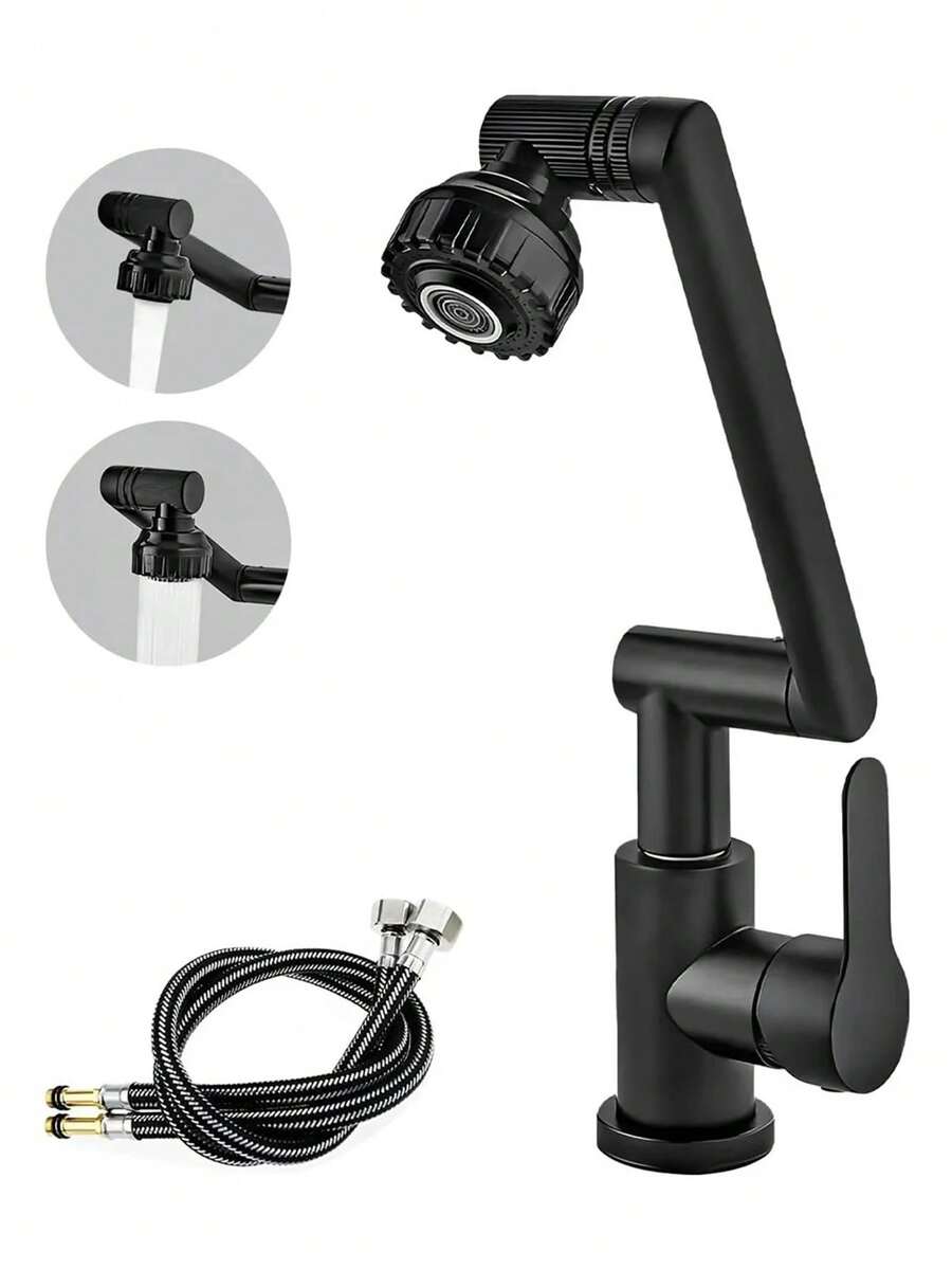 Grifo de Cocina, Grifo giratorio Acero inoxidable para Lavabo de Baño, Llave Mezcladora para Fregadero de Agua Caliente y Fría,Extraíble con 2 Manguera 60CM - Negro - Ver 1