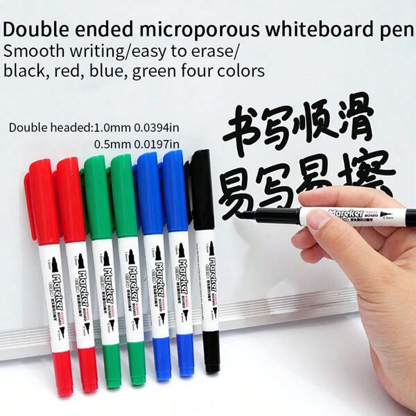 1pc Double-Ended Whiteboard Marker Pen, Water-Based Erasable Fine Tip, Suitable For Home, Teaching, Blackboard, 0.5mm Tip, Black/Red/Blue/Green 4 Colors Available