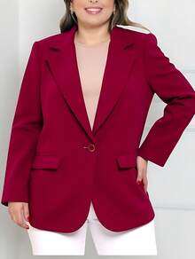 Zalla Women's Plus Size Blazer With Flap Pockets And Front Closure – Elegant Tailoring - 酒紅色 - 查看 2
