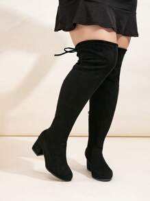Wide Version Women's Zipper Over-The-Knee Boots, Elastic Shaft, Chunky Heel, Black Boots, Anti-Slip, Black High Heels