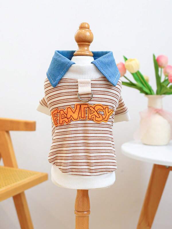 1pc Pet Clothes, Dog/Cat Outfit, Cute Apparel For Small , Warm & Comfortable Embroidered Two Pieces, Coffee Stripe