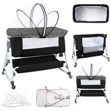 Cododo Foldable Baby Cradle, Bedside Table 80x40cm, Growing Co-Sleeper, Height Adjustable 6 Modes And Mobile On Wheels, Lower Storage Basket, A-Shaped Feet, Mosquito Net, Side Zipper Can Be Fully Lowered, Wheels With 360 Degree Rotation