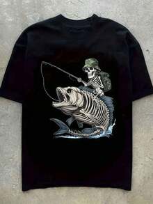 Camiseta de patrón de pesca de calavera 100% algodón para hombres - blanca de manga corta con cuello redondo y diseño de esqueleto y pez, ropa deportiva casual ligera y transpirable, perfecta para la diversión al aire libre en primavera y verano, ropa casual|Diseño lúdico|Camisa de Pesca Cómoda - Negro - Ver 6