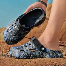 1 双男士轻便舒适木屐镂空防滑花园鞋男士网眼夏季凉鞋男士休闲户外防滑厚底沙滩人字拖拖鞋（鞋面随机不对称印花） - 黑色 - 查看 5