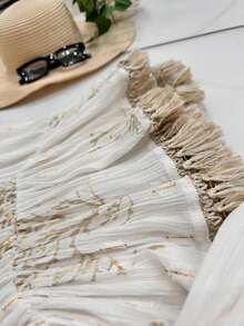 STRAP TOP AND EMBROIDERED SKIRT SET Glitter Colorblock Bohemian Simple Casual Soft Ruffle Hem Fringed Embroidery SET Beach Party Night Home SPRING SUMMER