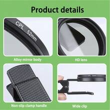 52/67mm Filtro CPL, Kit de filtro polarizador CPL, Adecuado para iPhone y teléfonos inteligentes Android, Ideal para vacaciones de verano, viajes, fotografía creativa, accesorios para teléfonos inteligentes, lente para teléfono - Negro - Ver 7