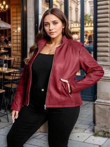 Giolshon Women Plus Size Casual Fashion Riding Jacket, Suitable For Commuting And Street Photography, Faux Leather Jacket For Autumn/Winter And Spring - Black - View 1