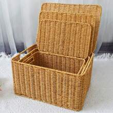 1 pieza Cesta de almacenamiento tejida de ratán, caja organizadora para el hogar, contenedor de almacenamiento de ropa, almacenamiento de aperitivos y juguetes para la sala de estar, apta para la sala de estar, el dormitorio y la cocina - Beis - Ver 4