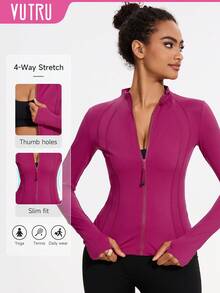 VUTRU女式修身運動夾克，帶拇指孔和立領 - 玫紅色 - 查看 9