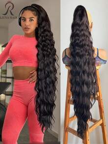 40 Zoll Clip-On Pferdeschwanz Perücke - Extra langes welliges lockiges Haar, sicheres Clip-Design, romantische wellige Textur, mehrschichtig flauschig & natürlich, perfekt für Alltag, Party und Fotoshooting. Dieses elegante & voluminöse lockige Haar-Accessoire eignet sich für Halloween- und Weihnachtspartys, passend zu verschiedenen Hautfarben, ein Muss-haben Artikel für Modebewusste. - Verschiedenfarbig - Übersicht 16
