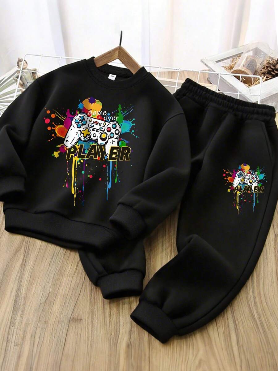 2pcs Set Tween Boy Game Gamepad Print Sweatshirt Set, Comfortable And Soft, Spring & Autumn Daily Casual Wear - Black - View 1