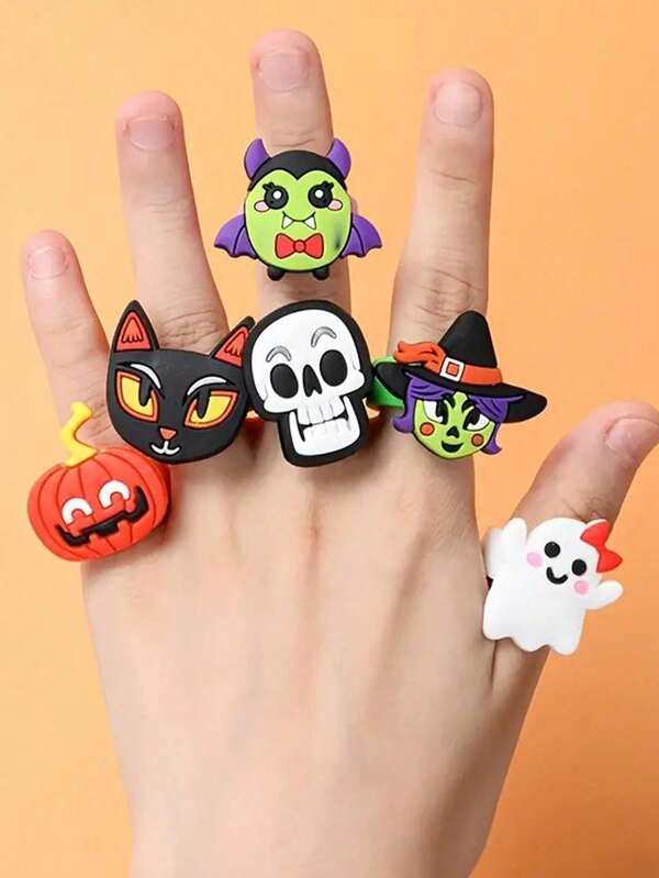 12 piezas - Anillos de dibujos animados de Halloween y anillos pop, regalos de fiesta de Halloween, set de anillos de goma de gelatina, set de anillos pop, regalos de fiesta de Halloween