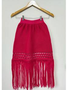 Knitted Beach Cover-Up Skirt With Fringes And Hem Detail. June Festival - 玫紅色 - 查看 1
