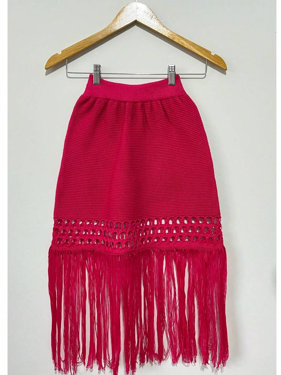 Knitted Beach Cover-Up Skirt With Fringes And Hem Detail. June Festival - 玫紅色 - 查看 1