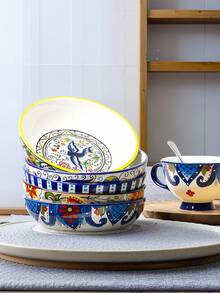 1pc 19.4oz Bohemian Style Underglaze Ceramic Plate, Luxurious Retro Colorful Painting Exquisite Pattern Large Capacity Salad Plate, Suitable For Home Kitchen, Restaurant, Holiday Gift, Party - Multicolor - View 6