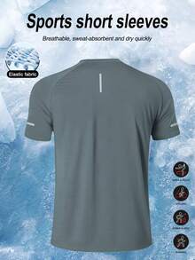 Áo thun thể thao nam tay ngắn, nhẹ, thoáng khí, thấm hút mồ hôi, in họa tiết thường ngày với sọc phản quang, màu trơn, cổ tròn cơ bản, thích hợp cho đạp xe, chạy bộ, tập gym mùa hè. - Xám - Xem 2