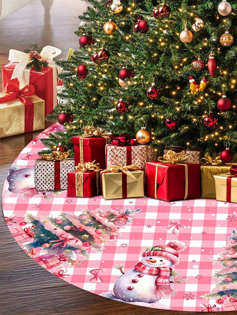 Christmas Tree Skirt, Pink Plaid Background With Warm Snowman Pattern And Christmas Tree Design, Christmas Party Decor Fabric, Christmas Tree Decoration
