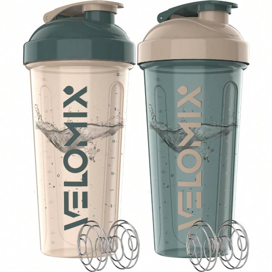 2 Pack 28oz Fitness Shaker Bottles With Stainless Steel Whisk Balls, Leakproof Protein Mixer Cup For Gym Workout School Travel, Includes Cleaning Brush & Wide Mouth Design For Easy Mixing - 5)藍色/米色 - 查看 1