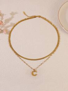 1pc Minimalist Stainless Steel Double Layer Necklace With Uppercase Letter Pendant, Suitable For Women's Daily Wear Or As A Gift For Friends - Yellow Gold - View 21