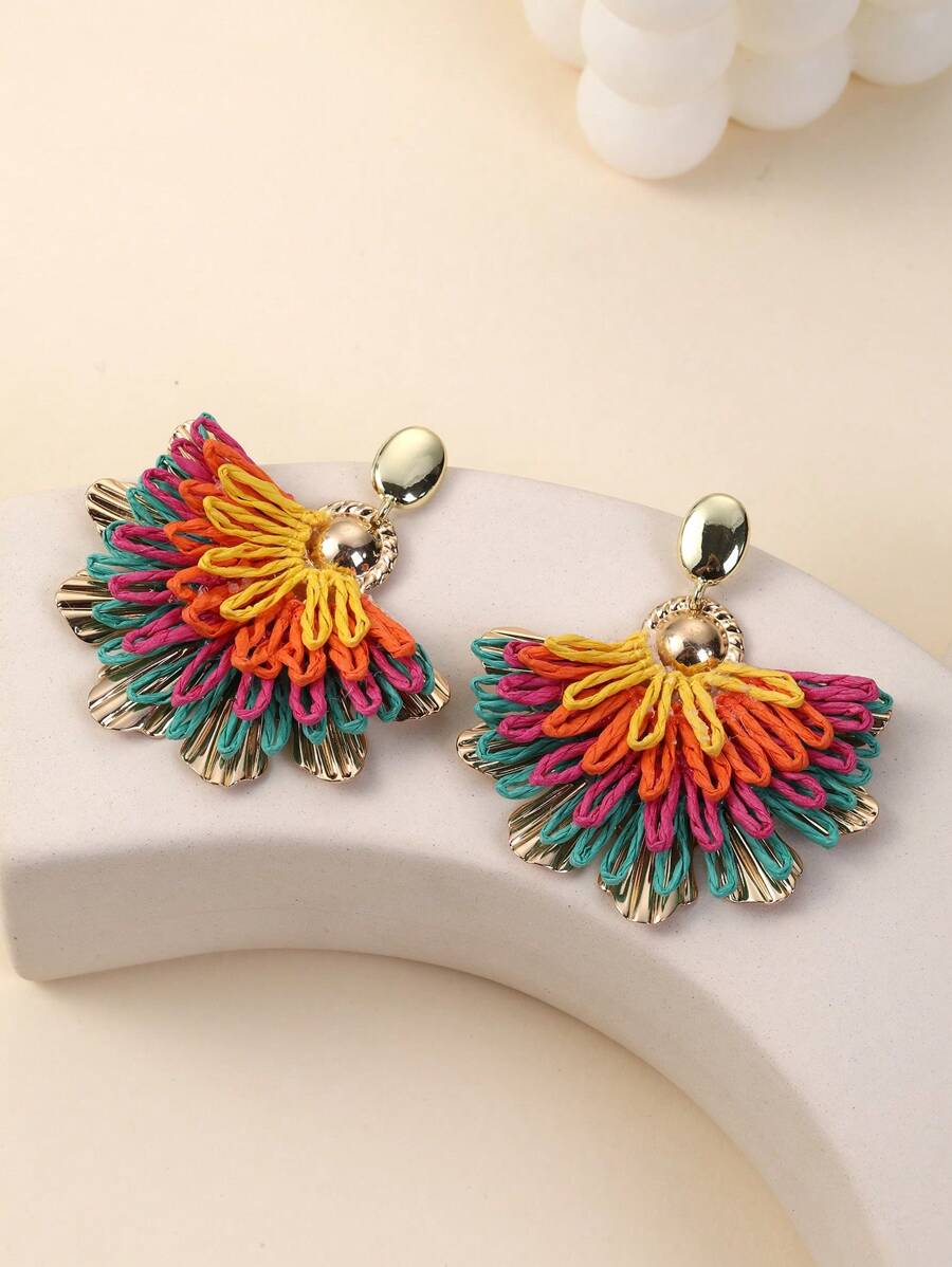 1 Pair Handmade Colorful Contrast Effect Phoenix Tail Flower Pendant Earrings, Unique Design, Suitable For Vacation, Party And Daily Wear - Multicolor - View 1