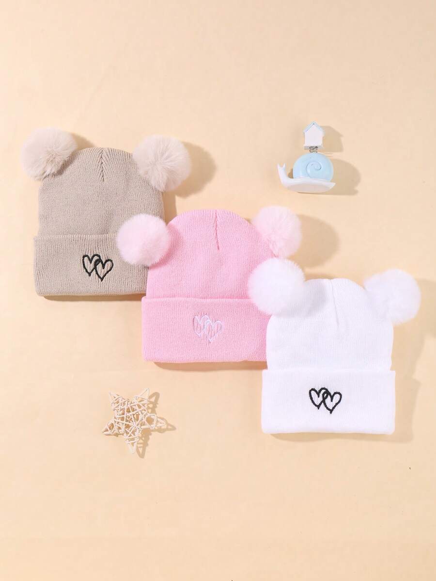 3 件 Baby Love 刺绣冬季厚针织帽，可爱的帽子适合男婴和女婴，带有双绒球设计。圣诞节/感恩节礼物 - 彩色 - 查看 1