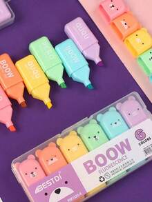 Bộ 4/5/6 bút dạ quang hình gấu nhỏ dễ thương, đầu bút vát màu pastel, đồ dùng học tập cho trường học và mẫu giáo. - Nhiều màu - Xem 2
