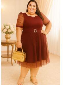 Women's Ribbed Plus Size Dress Evangelical Fashion Midi Tulle Polka Dot - Burgundy - View 1