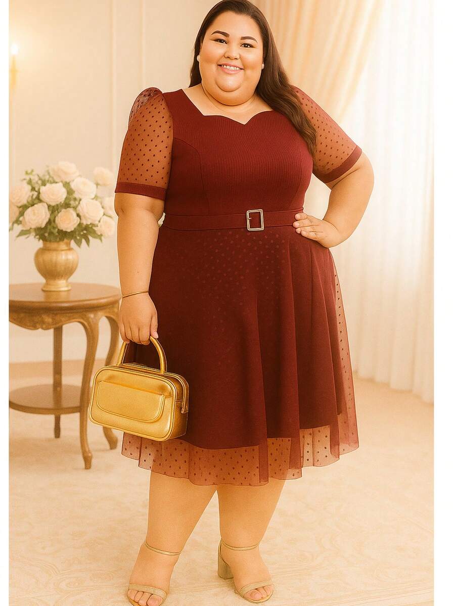 Women's Ribbed Plus Size Dress Evangelical Fashion Midi Tulle Polka Dot - Burgundy - View 1