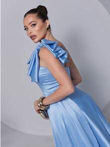 Long Dress For Bridesmaid – One Shoulder With Ruffle And Slit Elegant Simple Elegant Party Satin Side Opening Zipper Pleated Bridesmaid Civil Wedding Debutante Graduate Formal And Evening - 寧靜藍 - 查看 5
