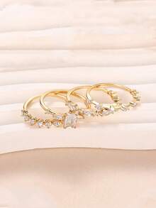 Elegant Rhinestone Ring Gift Set, Luxury Shiny Cubic Zirconia Fashion Jewelry For Women, Copper Material Non-Fading And Hypoallergenic, Ideal Holiday Gift - Gold - View 4