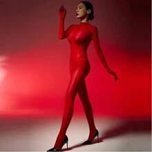 Cos Women's Bodystockings With Five-Finger Sleeves, Sexy Lingerie With Shiny Nylon Tights, Pantyhose, Dresses, Performance Costumes, Role-Playing Costumes - 紅色 - 查看 2