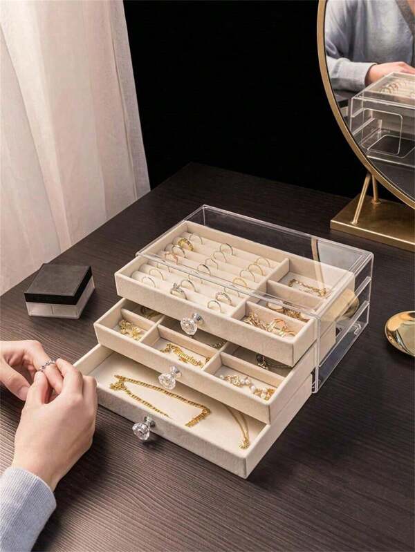 Caixa de joias de 3 andares, organizador de mesa de plástico polido com forro de veludo, alça de cristal, retangular, organizador de joias, organizador multiuso para casa e cozinha, estilo clássico, ideias para presentes de Halloween, caixas de joias