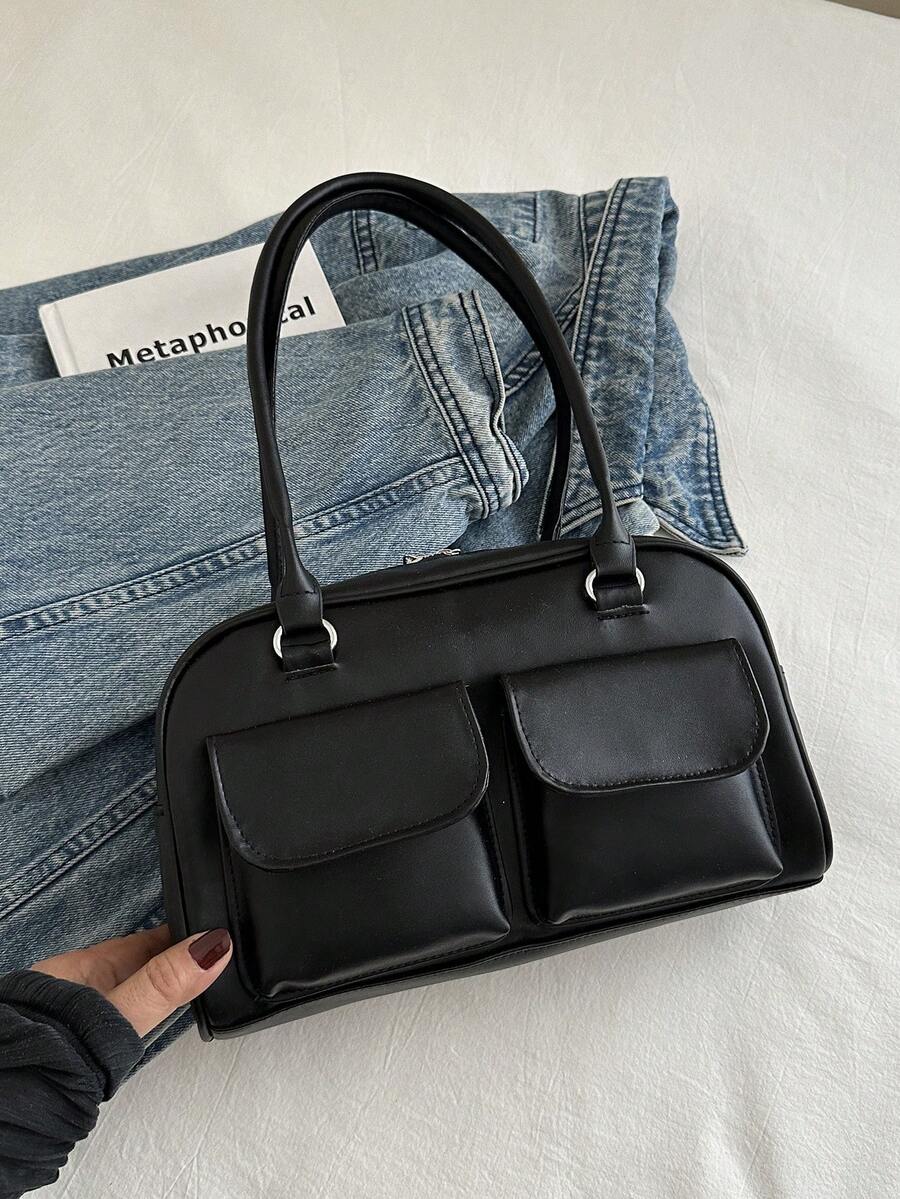 时尚简约纯色侧袋单肩包，适合购物、钱包、逛街、年轻女性、大学生、新人、白领人士。非常适合办公室、大学、工作、商务、通勤、户外活动、旅行和郊游。 - 黑色 - 查看 1