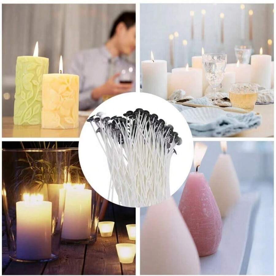 50Pcs Functional Smokeless Candle Wicks - Pre Waxed Wick With Metal Sustainer Tabs For Pillar Candle Making And DIY, 10cm/3.94in, 15cm/6in, 20cm/8in