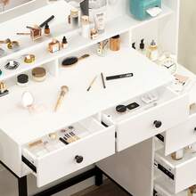 100cm White Dressing Table Vanity Makeup Desk With LED Mirror, 5 Drawers, Storage Shelves, LED Light Bulbs - Metal Leg, Makeup Dressing Table With Led Lighting Mirror For Girls Bedroom - Multi-Level Shelves, Color Mode Brightness Adjustable - 白色 - 查看 5