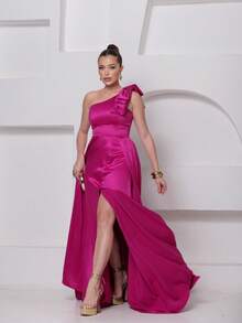 Long Dress For Bridesmaid – One Shoulder With Ruffle And Slit Elegant Simple Elegant Party Satin Side Opening Zipper Pleated Bridesmaid Civil Wedding Debutante Graduate Formal And Evening - 玫瑰紅 - 查看 7