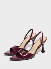 صنادل نسائية ذات كعب عالي، موضة كعب عالي راقية للحفلات والخارج، كعب إبزيم، مادة نسيج لامعة، جذاب وأنيق، لون بوردو، مناسب للربيع والصيف