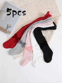 5 件套女童纯色天鹅绒蝴蝶结紧身裤，适合日常穿着，四季皆宜 - 彩色 - 查看 13