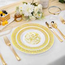 1 Set Of 10pcs 13-Inch (Approx. 33.0cm) Gold Foil Grid Embossed Disposable Placemats, 6pcs Gold Metallic Charger Plates Suitable For Dining Table, Wedding, Birthday Party, Holiday Home Decor