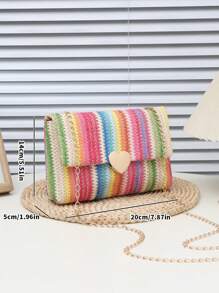 1pc Rainbow Striped Shoulder Bag, Summer Beach Bag, Outdoor Shoulder Bag, Chain Strap Square Woven Crossbody Bag, Colorful Bag, Casual Beach Bag For Women, Large Capacity