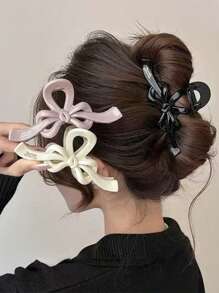 1pc Korean Style Elegant Bowknot Gold Label Hair Clip, Large Size Suitable For Thick Hair, Stylish Barrette For Occiput Hair Accessories Women Claw Clip