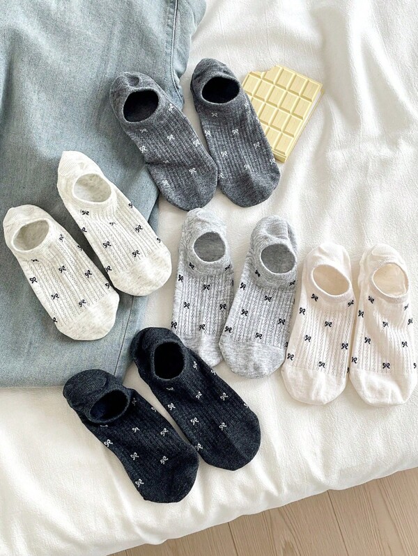 1/5 Pairs Women's Sweet Bow Knot Simple Boat Socks Invisible Socks Breathable Mesh Socks, Suitable For Spring&Summer
