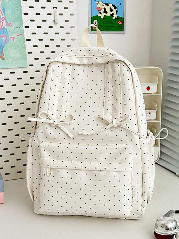 1pc Nylon Backpack, Casual & Versatile, Large Capacity, Cute Bow & Polka Dot Design, Suitable For Elementary, Middle, High School Students And Travel, Women
